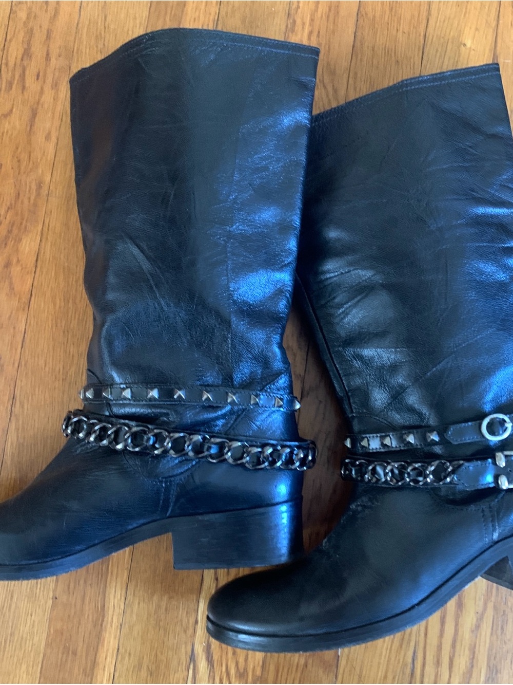 Miss Sixty Women's Black Leather Biker Boots with Chain Detail 38/ 7 - Picture 4 of 6